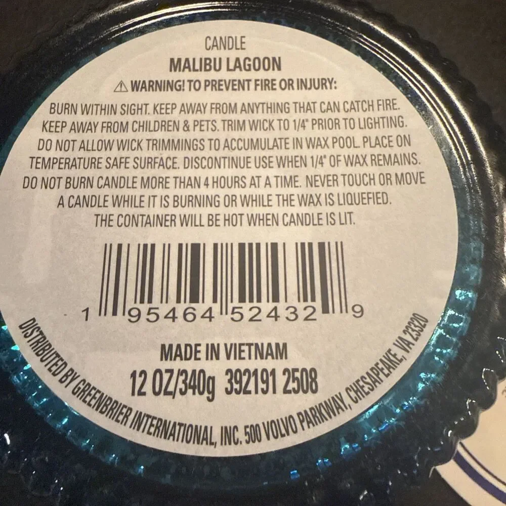 4 Malibu Lagoon Scented Candles 12 oz Triple Wick Blue Mercury Glass